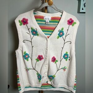 Cricket Lane Sleeveless Cream and Pink Embroidered Cardigan